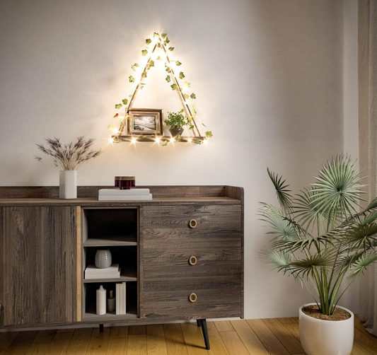 Brighten Small Spaces: Rustic Hanging Shelves with LED & Faux Ivy